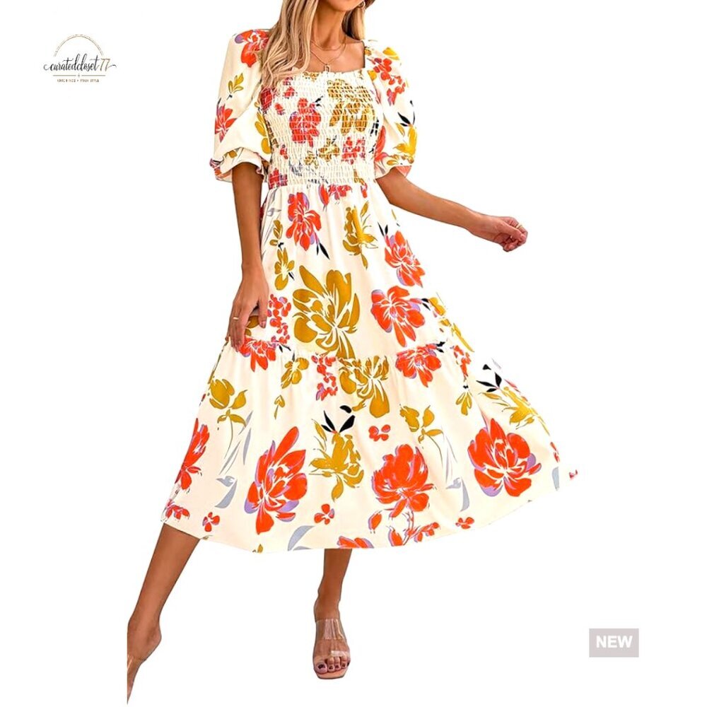 Puff Sleeve Square Neck A-Line Midi Dress, Flowy Boho Floral Smocked Summer